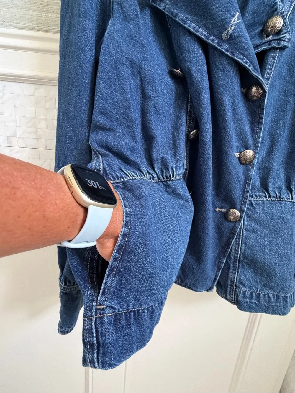 Large we the free people Imogene denim officer jacket jean double breasted blue